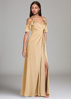 Azazie Dakota Robes de demoiselle d'honneur Robe Trapèze en Satin extensible Épaule décolletée Or image1