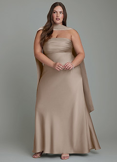 Azazie Saylor Vestidos de damas de honor Vestido Gris Pardo de Satén Elástico de Corte Sirena con Palabra de honor image5