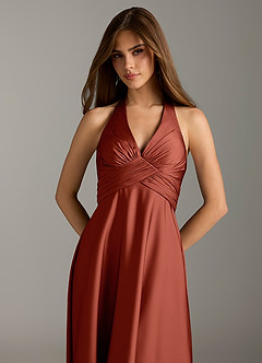 Azazie Tessie Bridesmaid Dresses Terracotta A-Line Pleated Stretch Satin Dress image6