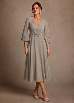 Azazie Ana 신부의 어머니 드레스 A라인 레이스 쉬폰 티 길이 드레스 image1