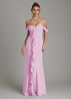 Azazie Karmela Bridesmaid Dresses Candy Pink A-Line Off the Shoulder Chiffon Dress image4