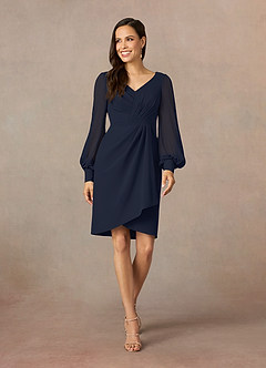 Azazie Karen Mother of the Bride Dresses Dark Navy Sheath Pleated Stretch Crepe Dress image1
