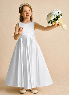 Azazie Cherry Flower Girl Dresses White White Ball-Gown Pleated Matte Satin Dress image2