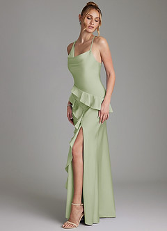 Azazie Jayda Bridesmaid Dresses Dusty Sage A-Line Ruched Stretch Satin Dress image5
