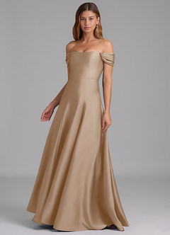 Azazie Seriana 신부 들러리 드레스 A라인 오프 더 숄더 스트레치 새틴 바닥 길이 드레스 image3