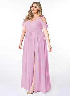 Azazie Lianne Bridesmaid Dresses Candy Pink A-Line Off the Shoulder Chiffon Dress image3