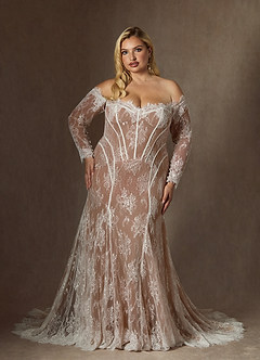 Azazie Katherine Wedding Dresses Diamond White Mocha Mermaid Off the Shoulder Tulle Dress image8