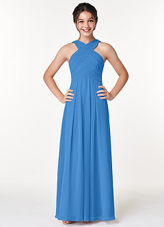 Azazie Kaleigh Junior Blue Jay A-Line Pleated Chiffon Dress image1