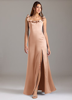 Azazie Callie 신부 들러리 드레스 A라인 셔링 스트레치 새틴 바닥 길이 드레스 image3