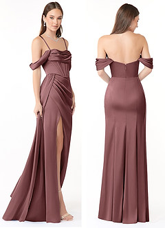 Azazie Amyra Bridesmaid Dresses Vintage Mauve Sheath Off the Shoulder Stretch Satin Convertible Dress image8