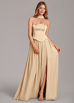 Azazie Cadence Bridesmaid Dresses Champagne A-Line Corset Stretch Satin Convertible Dress image3