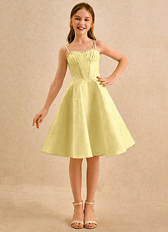 Azazie Posey Girls Formal Jurken voor bloemenmeisjes A-Lijn Jurk van Bloemenjacquard Sweetheart Halslijn Kanarie image5