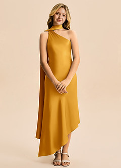 Azazie Briony Junior Butterscotch Sheath Pleated Stretch Satin Dress image7