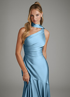 Azazie Amara Bridesmaid Dresses Steel Blue Mermaid One Shoulder Stretch Satin Dress image6