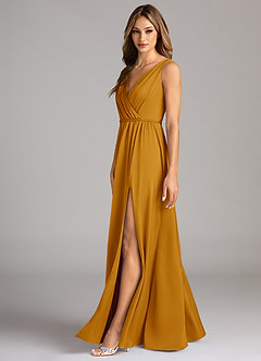 Azazie Tanicia Robes de demoiselle d'honneur Robe Trapèze en Satin extensible Plissée Caramel écossais image5