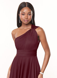 Azazie Charlize Bridesmaid Dresses Cabernet A-Line One Shoulder Mesh Dress image5