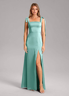 Azazie Frostine Bridesmaid Dresses Aqua A-Line Bow Stretch Satin Dress image5