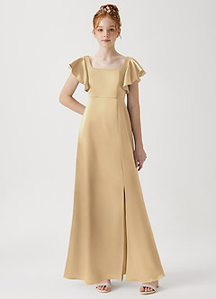 Azazie Bondi Junior A-Linie Seitliche Cut-Outs Metallischer Satin Kleid Champagner image1