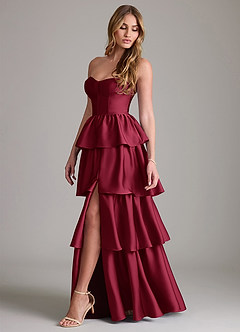 Azazie Faye Bridesmaid Dresses Burgundy A-Line Ruched Stretch Satin Dress image3