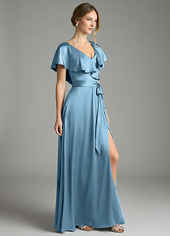 Azazie Lainey Bridesmaid Dresses Steel Blue A-Line with Pockets Stretch Satin Dress image5