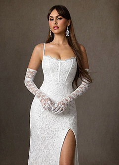 Azazie Jyotsna At-home Try On Dresses Diamond White A-Line Lace Dress image4