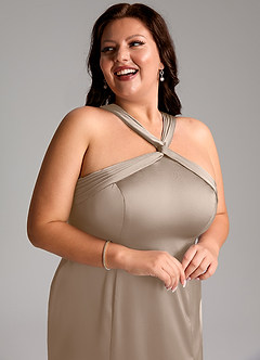Azazie Rue Bridesmaid Dresses Taupe Mermaid Pleated Stretch Satin Dress image13