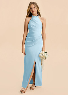 Azazie Jemma Junior Sky Blue Sheath Ruched Stretch Satin Dress image4