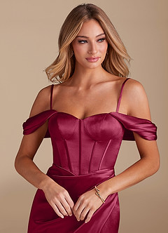 Azazie Asha Bridesmaid Dresses Burgundy Sheath Off the Shoulder Metallic Satin Dress image2