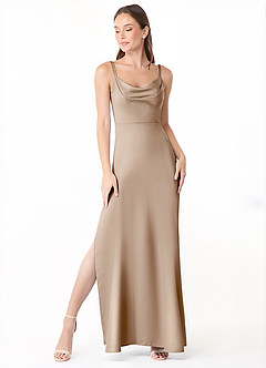 Azazie Alaija Bridesmaid Dresses Taupe Mermaid Side Slit Stretch Satin Dress image2