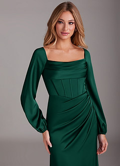 Azazie Charissa Bridesmaid Dresses Emerald Sheath Long Sleeve Stretch Satin Dress image7