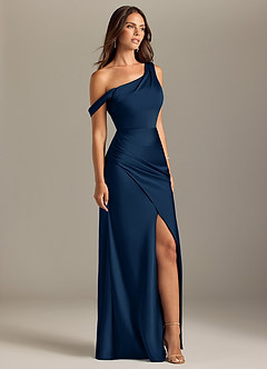 Azazie Madelyn Robes de demoiselle d'honneur Robe Sirène Convertible en Satin extensible Épaule décolletée Bleu Marine Foncé image4
