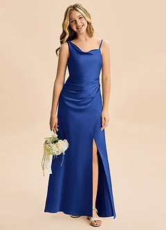 Azazie Abby Junior Robe Trapèze en Satin extensible Plissée Bleu Roi image1