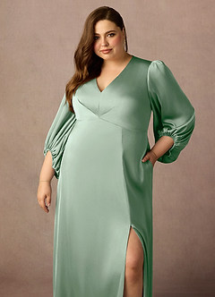 Azazie Luna Mother of the Bride Dresses Agave A-Line Pleated Stretch Satin Dress image5