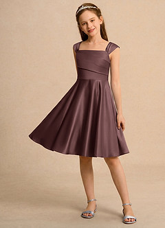 Azazie Budle Girls Formal Flower Girl Dresses Espresso A-Line Pleated Matte Satin Dress image3
