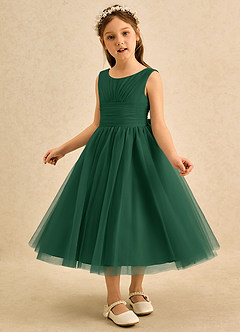 Azazie Macaron Flower Girl Dresses Dark Green A-Line Pleated Tulle Dress image4