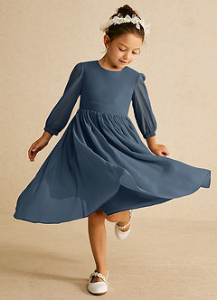 Azazie Lolo Robe Demoiselle D'honneur Fillette Robe Trapèze en Mousseline de soie avec manches Neptune image1