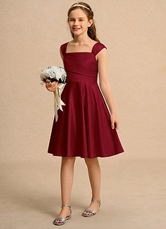 Azazie Budle Girls Formal Flower Girl Dresses Burgundy A-Line Pleated Matte Satin Dress image5