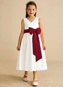 Azazie Darling Flower Girl Dresses Ivory Burgundy A-Line Bow Cotton Dress image4