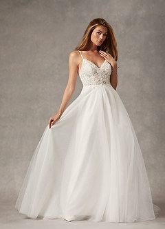 Azazie Tatiana Probar vestidos en casa Vestido de Diamante Blanco de Tul de Corte en A con Lentejuelas cuello pico image4