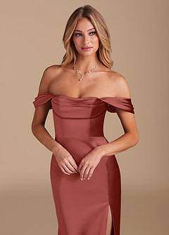 Azazie Saige Bridesmaid Dresses Terracotta A-Line Off the Shoulder Metallic Satin Convertible Dress image3