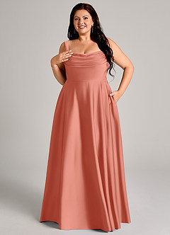 Azazie Shaude Bridesmaid Dresses Salmon Pink A-Line Pleated Stretch Satin Dress image11