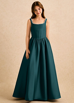 Azazie Enid Girls Formal Blomsterpigekjoler A-Line Perlebesat Stræk satin Gulv-længde Kjole image5