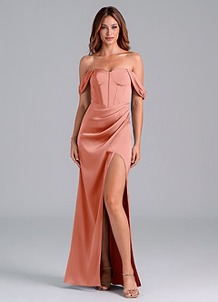 Azazie Asha Vestidos de damas de honor Vestido de Coral de Satén Elástico de Corte Recto Convertible con Vestidos sin tirantes image1