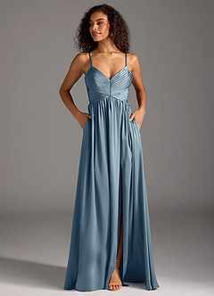 Azazie Alia Robes de demoiselle d'honneur Robe Trapèze en Satin extensible Plissée Bleu Poussiéreux image7