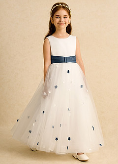 Azazie Cricket vestidos de niña de las flores Vestido de Marfil Azul Petróleo de Satin Mate de Corte Princesa con Plisado image3