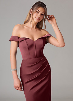 Azazie Everly Robes de demoiselle d'honneur Robe Sirène Convertible en Satin extensible Épaule décolletée Merlot image7