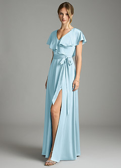 Azazie Lainey Bridesmaid Dresses Sky Blue A-Line with Pockets Stretch Satin Dress image1
