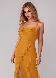 Azazie Malia Bridesmaid Dresses Butterscotch Sheath Ruched Chiffon Dress image2