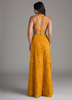 Azazie Clarice Bridesmaid Dresses Butterscotch A-Line Side Slit Floral Burnout Dress image2