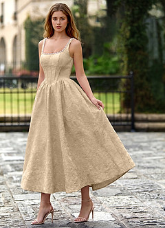 Sephone Champagne Square Neck Pearl Corset Midi Dress image3